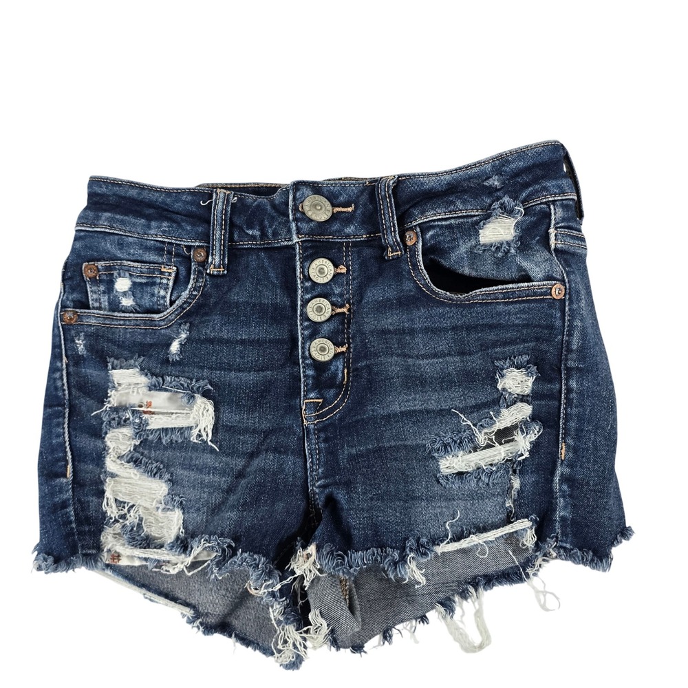 American‎ Eagle Hi-Rise Shortie Distressed Button Fly Denim Shorts Dark Wash 4